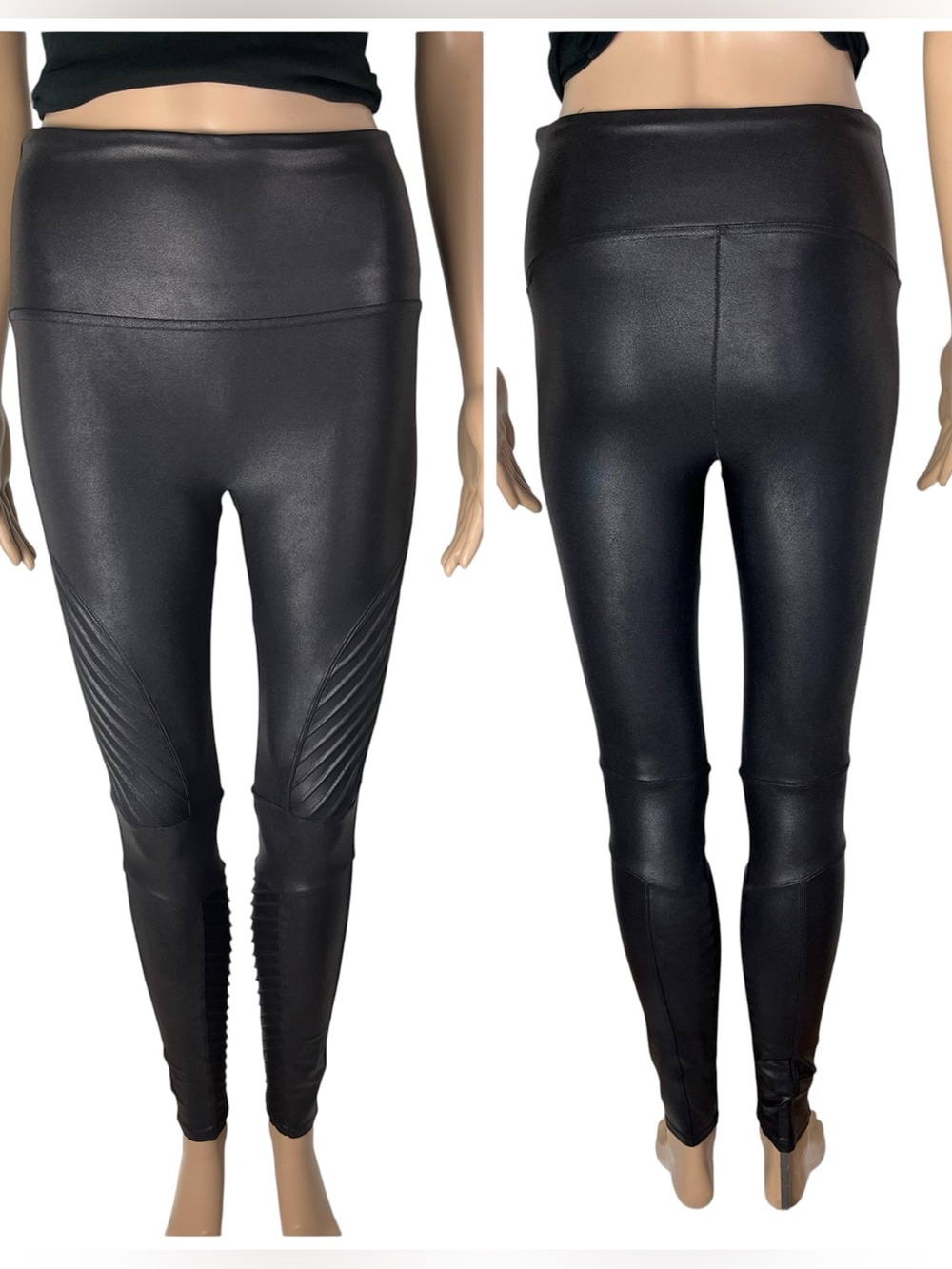 Spanx Black Motto Faux Leather Ribbed Panel Leggings